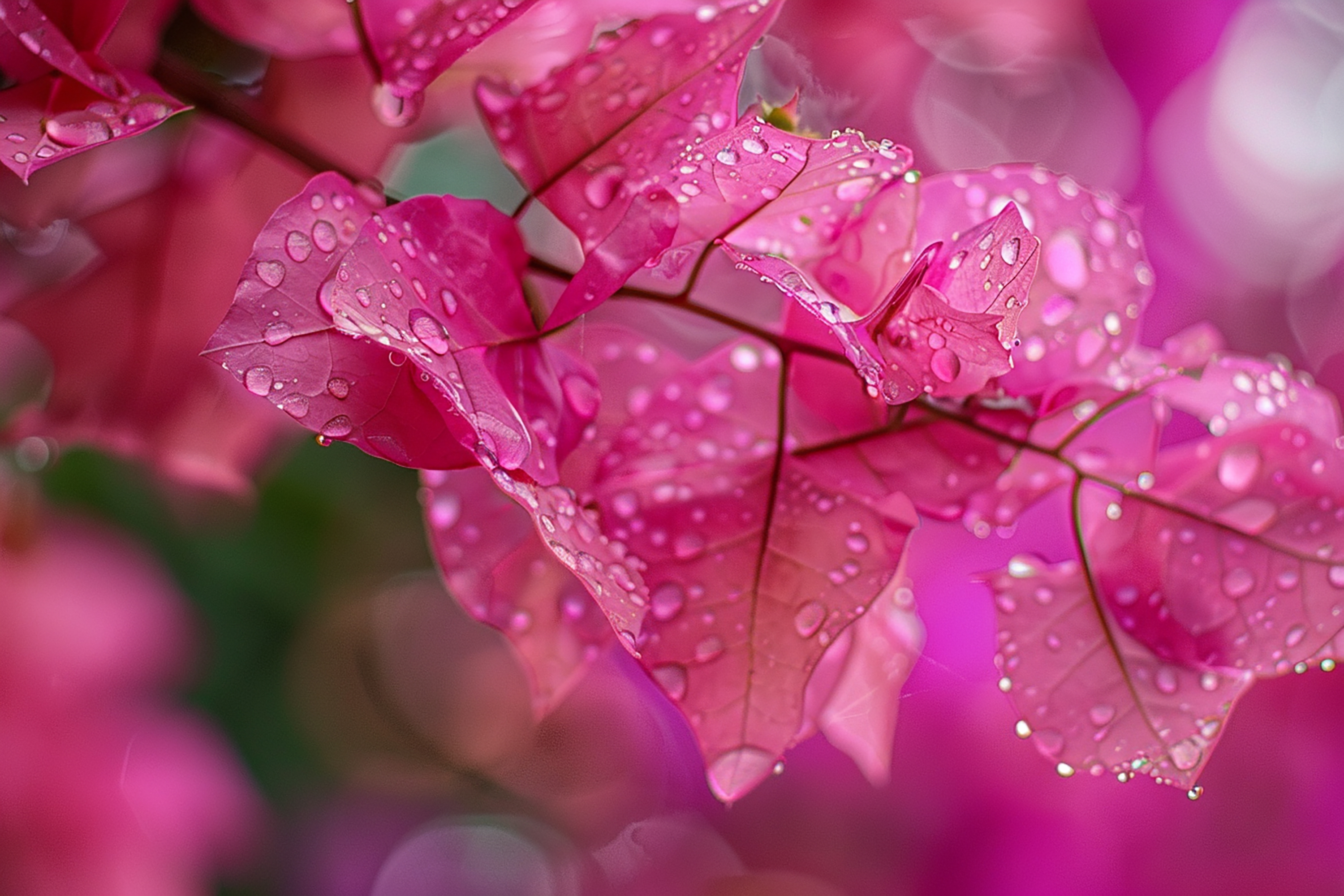 Pink leaves covered in raindrops